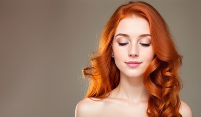 Fototapeta premium Redhead woman with healthy wavy long hair, generative ai image