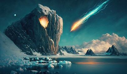  a painting of a mountain with a rocket coming out of it and a lake in front of it with rocks and ice in the foreground.  generative ai