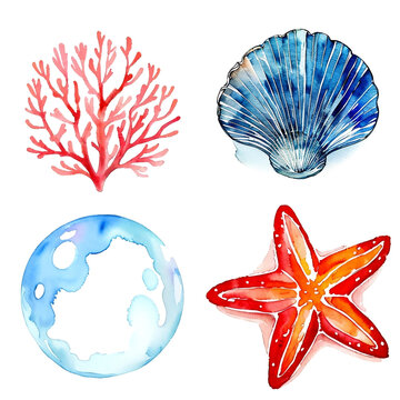 Hand drawn watercolor sea themed elements. Illustration generative ai isolated on white background. Watercolor sea coral, seashell, starfish and scallop clipart.