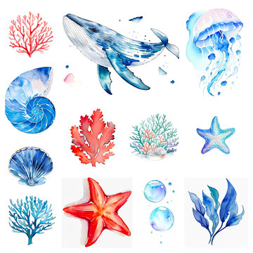 Hand drawn watercolor sea themed elements. Illustration generative ai isolated on white background
