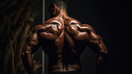 Fototapeta na wymiar muscular man back view of a bodybuilder athlete in dark background generative ai