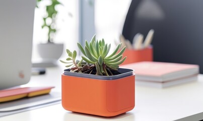  a small plant is sitting in a square pot on a desk next to a laptop computer and a notebook on a desk top, with a window in the background.  generative ai