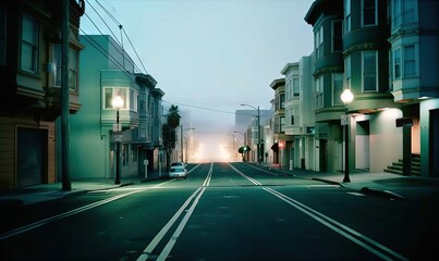  an empty street with a car parked on the side of the road at night with a foggy sky in the background and a few buildings on both sides of the street.  generative ai