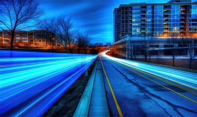  a long exposure photo of a city street with buildings in the background and a blue light streaking down the street in the foreground.  generative ai
