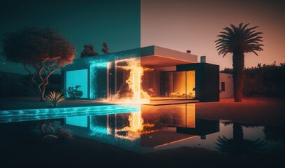  a house with a pool in front of it and a palm tree in the background at night time with a reflection of the house on the water.  generative ai