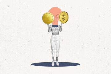 Abstract collage image of black white effect mini girl light bulb instead head arms hold money coins isolated on white creative background