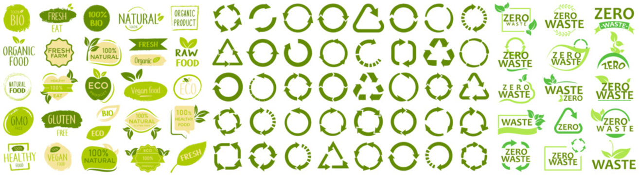 Big set of green ecology design elements. Natural badges, recycle arrow, zero waste logo