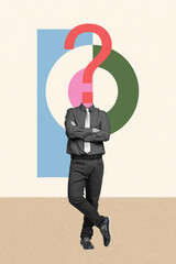 Vertical collage picture of black white colors man crossed arms big question mark instead head isolated on painted background