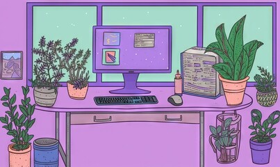  a desk with a computer, potted plants, and a book on it in front of a purple wall with a window and a purple background.  generative ai