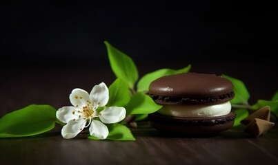  a chocolate sandwich and a flower on a wooden table with green leaves and a black background with a white flower on the left side of the sandwich.  generative ai