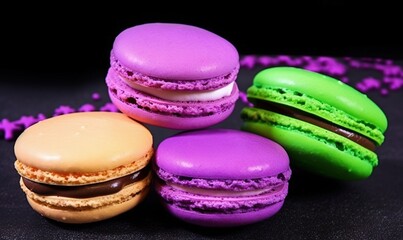 Obraz na płótnie Canvas a group of macaroons sitting next to each other on a black surface with purple and green icing on them and sprinkled with pink and green sprinkles. generative ai