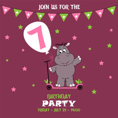 cute baby girl hippo on a scooter, birthday invitation, 7 years, join us for the birthday party