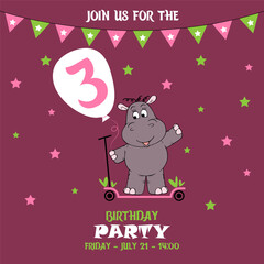 cute baby girl hippo on a scooter, birthday invitation, 3 years, join us for the birthday party