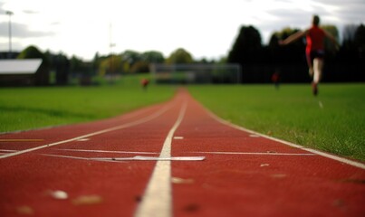  a person running on a red track in a grassy field with a fence in the background and trees in the distance in the foreground.  generative ai