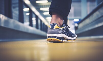  a person's foot in a black and yellow sneaker on the ground in a subway station or subway station with a row of escalators in the background.  generative ai