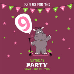 cute baby girl hippo on a scooter, birthday invitation, 9 years, join us for the birthday party