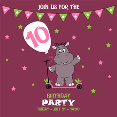 cute baby girl hippo on a scooter, birthday invitation, 10 years, join us for the birthday party