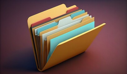  a stack of folders sitting on top of a purple table next to a purple wall with a red background and a purple background behind it.  generative ai