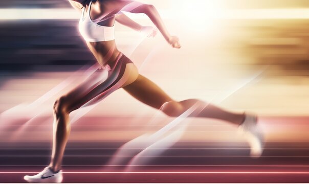  a woman running on a track with motion blurry in the background of the image of a woman running on a track with motion blurry in the background of the image.  generative ai