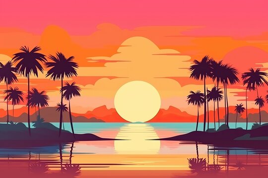 Panoramic landscape sunset at palm island in illustration style made with Generative AI