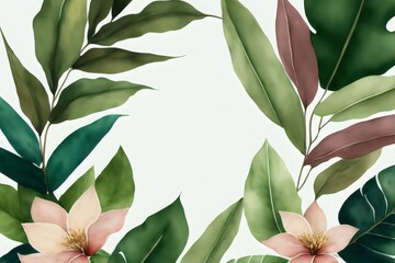 Green leaves with pink flowers watercolor painting graphic. Decoration print design. Pattern concept. Generative AI