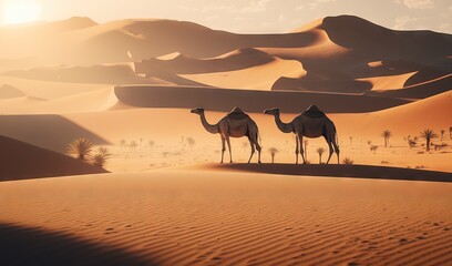  a couple of camels are standing in the desert with the sun shining on the sand dunes and trees in the distance, with a few clouds in the sky.  generative ai