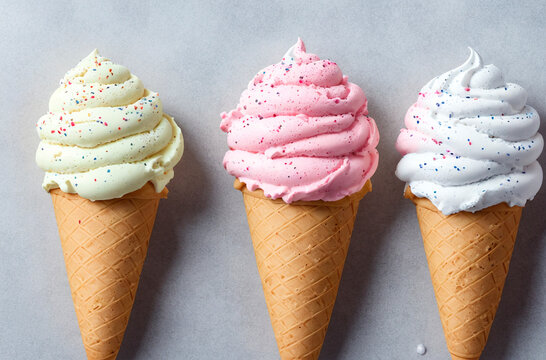 Colorful ice creams in waffle cones. Generative AI.
