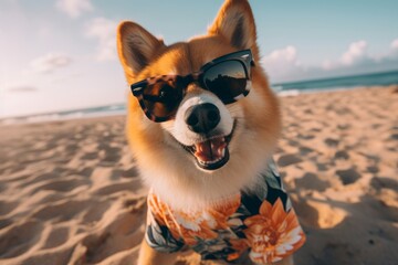 A corgi dog wearing sunglasses on the beach created with Generative AI technology