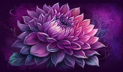  a large purple flower with green leaves on a purple and purple background with swirls and swirls on the petals, and a purple background with a black border.  generative ai