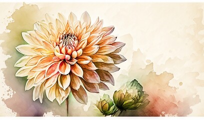  a watercolor painting of a large flower on a white and beige background with a green leaf on the left side of the picture and a green leaf on the right side of the right.  generative ai