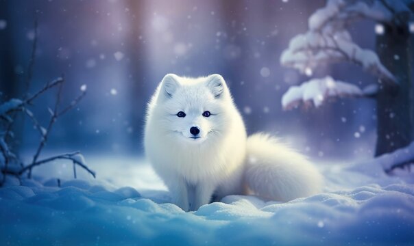  a white fox sitting in the snow in front of a forest with snow falling on the ground and trees and snow falling on the ground.  generative ai