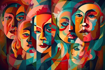 Fototapeta na wymiar Colorful abstractly painted men's and women's faces. Society concept. Generative AI