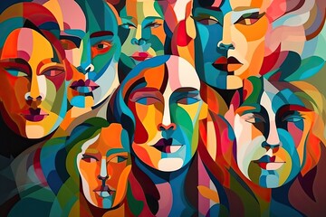 Colorful abstractly painted men's and women's faces. Society concept. Generative AI