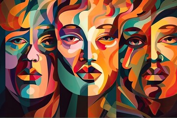 Fototapeta na wymiar Colorful abstractly painted men's and women's faces. Society concept. Generative AI