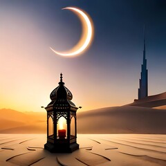 One glowing traditional Arabic lantern on desert sand, skyline in the background with fireworks, starry night sky with shooting stars and one big crescent moon created using Generative AI technology