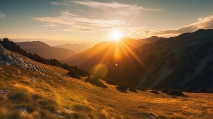 A panoramic view of a stunning mountain landscape at sunset