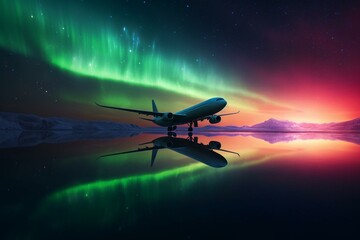 An airliner flies peacefully against the night sky dotted with a spectacular aurora borealis, reflected on the very calm surface of the water. Generative AI