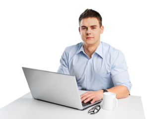 Male student with glasses in front of his laptop