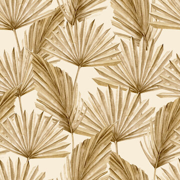 Palm Leaves Pattern. Seamless background with dry tropical plants in Boho style. Hand drawn watercolor bohemian illustration on beige backdrop for wallpaper or textile design. Ornament for print.