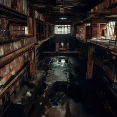 The interior of the industrial revolutionary factory is rusty and dilapidated with Generative AI.