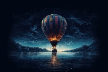  a hot air balloon floating over a body of water at night with stars and clouds in the sky over the water and a boat in the water.  generative ai