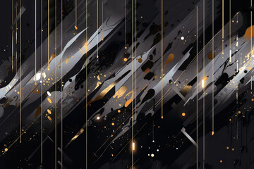  a black and gold abstract background with lines, dots, and drops of gold on a black background with white and gold lines and dots.  generative ai