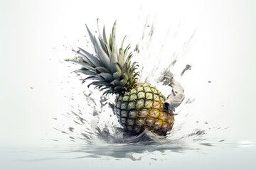  a pineapple splashing into the water with its head in the air and arms in the air, with its body in the water.  generative ai