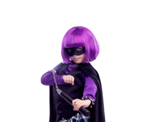 Child, portrait and vigilante costume with nunchaku on isolated, transparent and png background. Kid, mask and fantasy by girl with superhero, villain and fighter cosplay or martial arts aesthetic