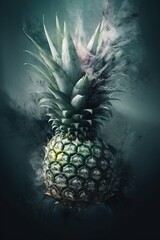  a pineapple with smoke coming out of it's center and a black background with a green and white photo of the top of the pineapple.  generative ai