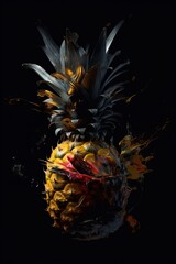  a pineapple with a black background and yellow and red paint splashing on it's side and the top of the pineapple.  generative ai