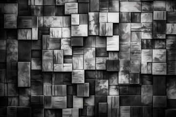  a black and white photo of a wall made of squares of different sizes and shapes, with a black and white background that matches the wall.  generative ai