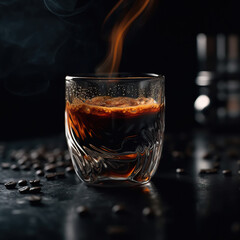 Coffee Cup made of Glass, some Beans on the Background Slightly Blurred, Commercial Photography Generated with AI