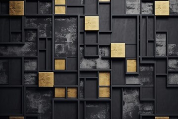  a black and gold wall with squares and squares on the side of the wall, and a gold square on the side of the wall.  generative ai