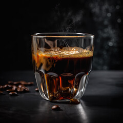 Coffee Cup made of Glass, some Beans on the Background Slightly Blurred, Commercial Photography Generated with AI